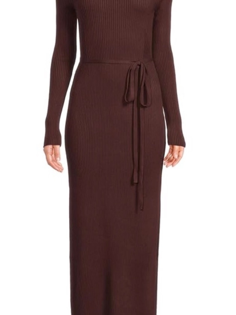 Ribbed Long Sleeve Tie-Waist Maxi Sweater pleated bottom Dress - Dark Brown